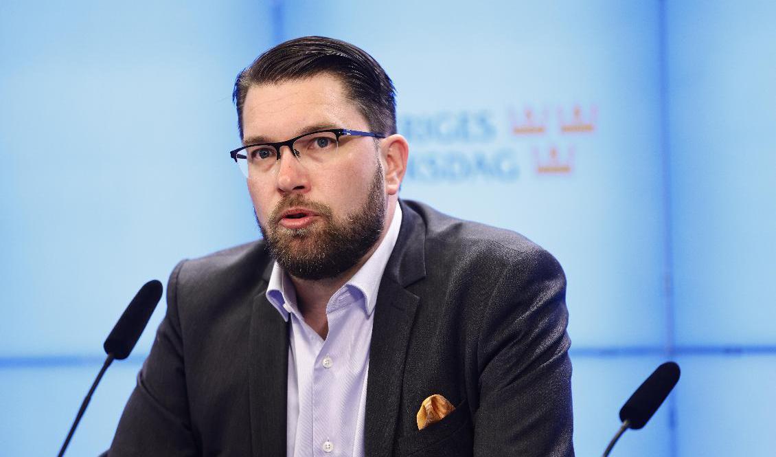 
Sverigedemokraternas partiledare Jimmie Åkesson presenterar nya rättspolitiska förlag. Foto: Stefan Jerrevång/TT                                            