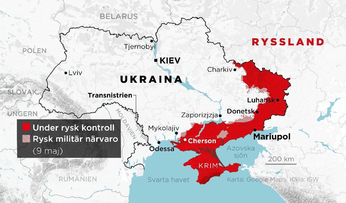 Områden under rysk kontroll samt områden med rysk militär närvaro 9 maj. Foto: Johan Hallnäs/TT