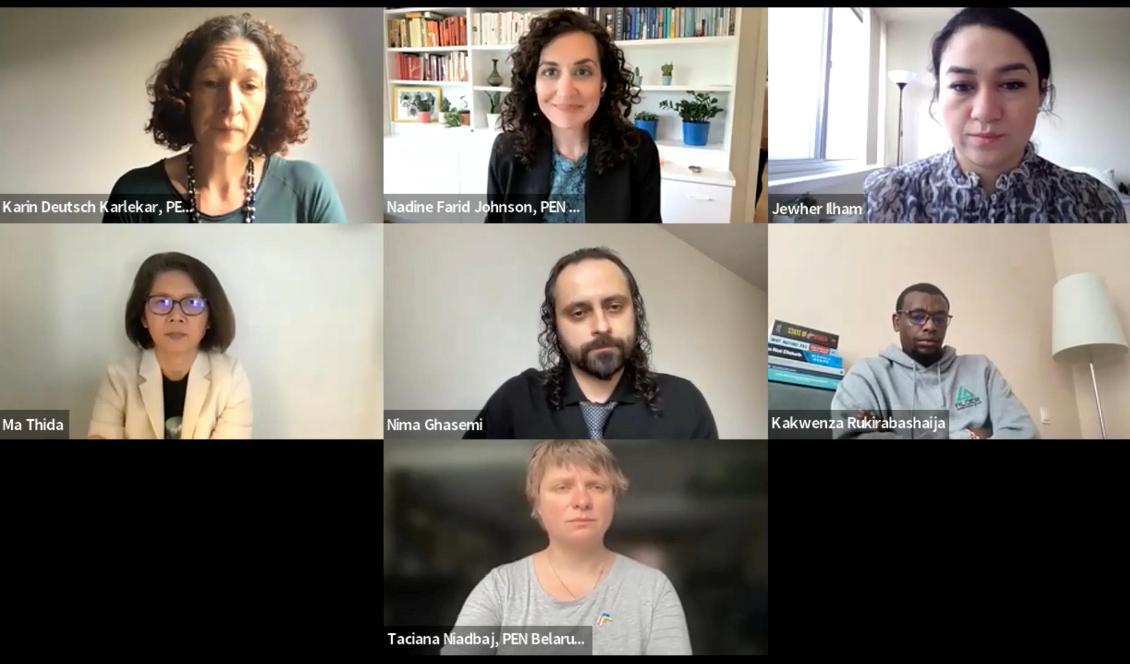 




Författare och yttrandefrihetskämpar från USA, Kina, Myanmar, Iran, Uganda och Ukraina diskuterade vid ett webbinarium friheten att skriva i förtryckande stater. Foto: Skärmbild

                                                                                                                                                                                                                            