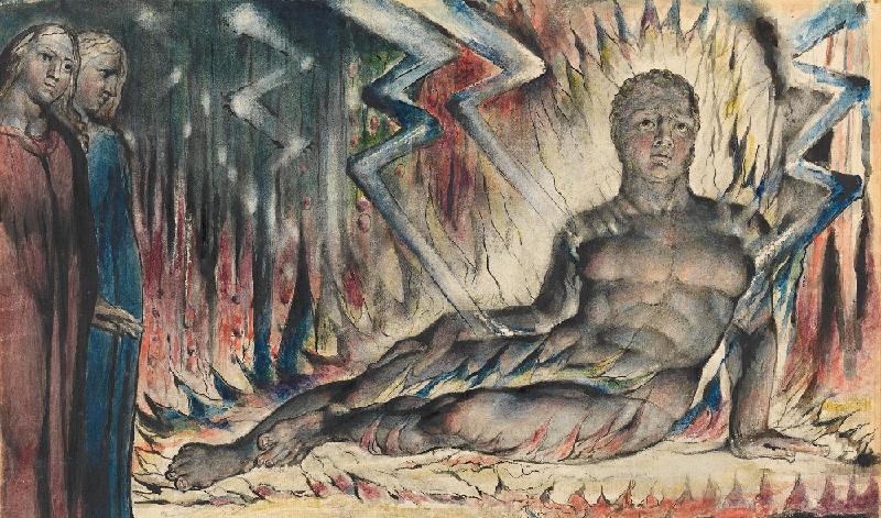I Sång 14 av Dantes Inferno säger Kapaneus utan minsta ånger: ”Det jag en gång var i livet, är jag fortfarande som död.” ”Capaneus the Blasphemer” av William Blake. Felton Bequest, 1920. Foto: National Gallery of Victoria, Melbourne
