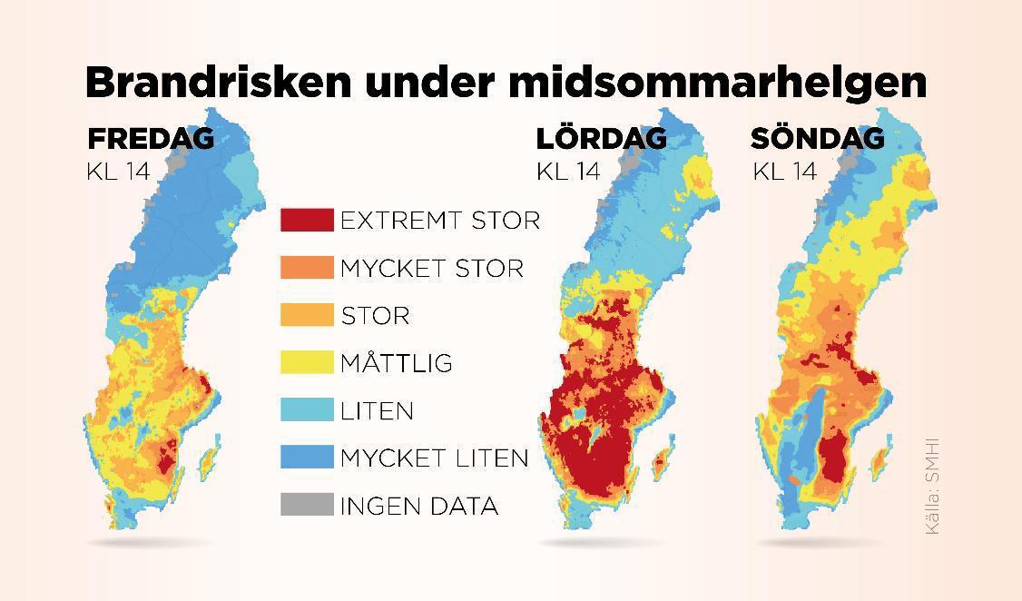 Brandrisken i Sverige under midsommarhelgen. Prognos SMHI klockan 16 på torsdagen. Foto: Björn Hellström/TT