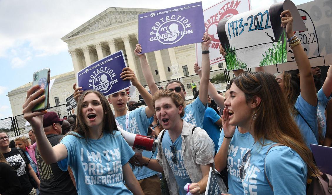 

Pro-life-anhängare firar utanför USA:s Högsta domstol i huvudstaden Washington D.C. den 24 juni 2022. Foto: Olivier Douliery/AFP via Getty Images                                                                                        