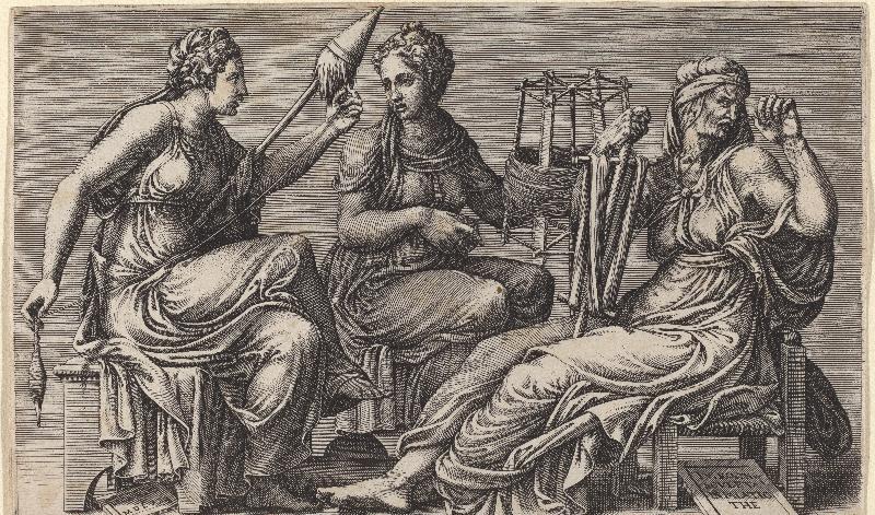 
De tre grekiska öden, som spinner, drar fram och skär av livets tråd. Gravyr, 1558–1559, av Giorgio Ghisi efter Giulio Romano. Metropolitan Museum of Art. Foto: Creative Commons CC0 1.0                                            