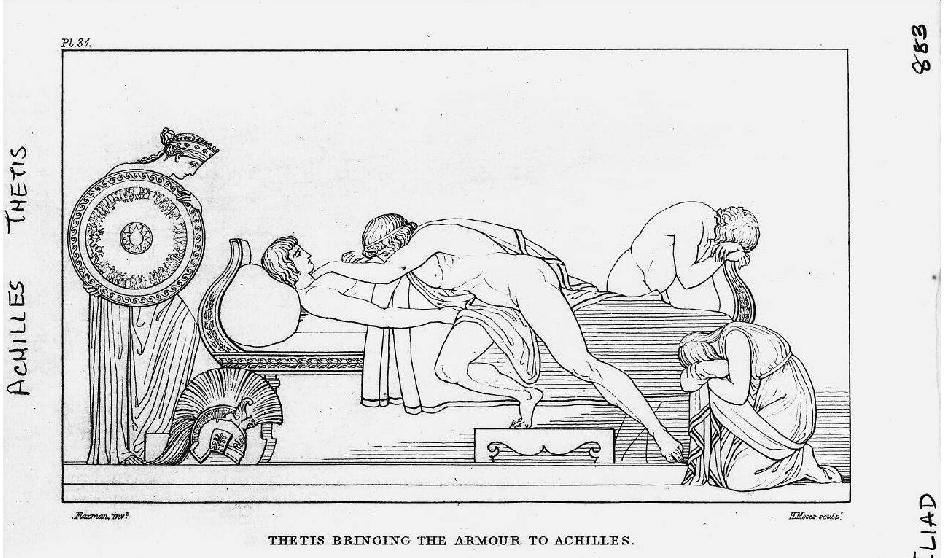 






En illustration ur Homeros ”Iliaden” från antikens Grekland, som föreställer hur Thetis kommer med rustningen till Akilles. Foto: Kean Collection/Archive Photos/Getty Images                                                                                                                                                                                                                                                                                                                    