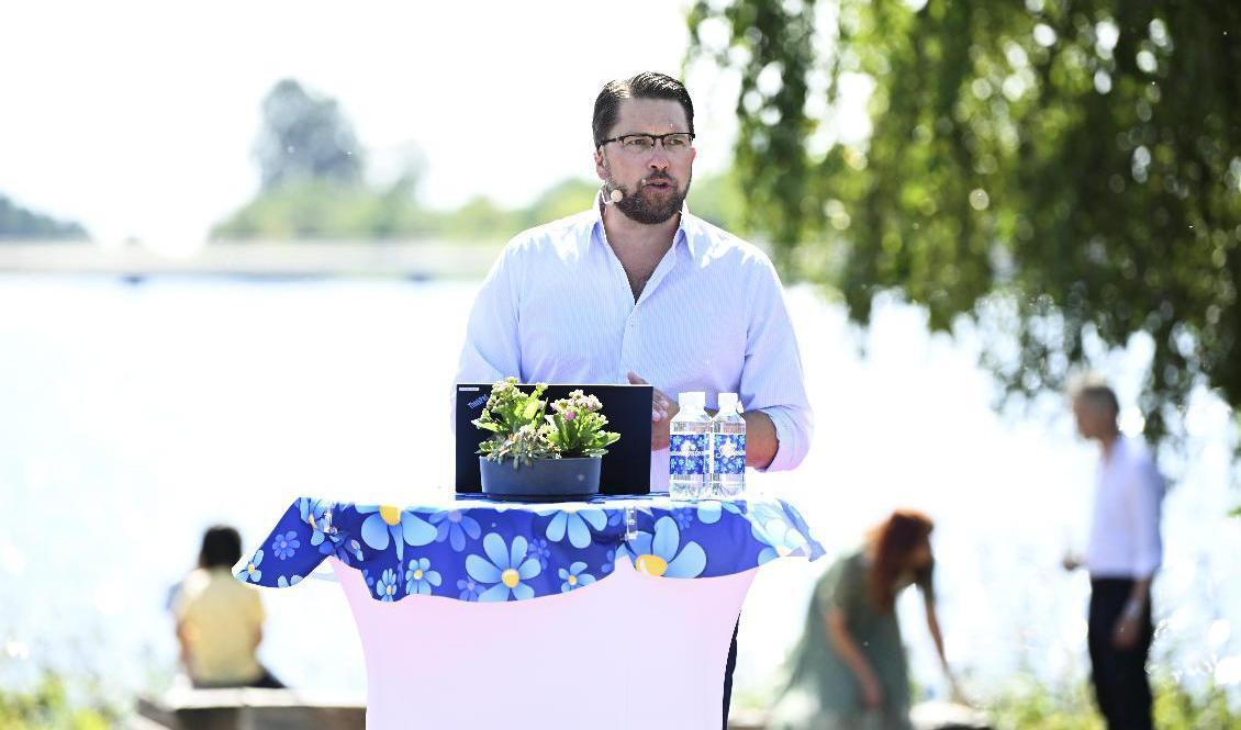 Sverigedemokraternas partiledare Jimmie Åkesson håller sommartal i Sölvesborg. Foto: Johan Nilsson/TT