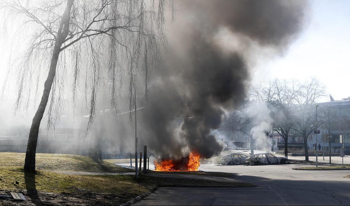

Bilar brinner på en parkering i Ringdansens centrum i Navestad i Norrköping den 24 april 2022 i samband med upplopp. Foto: Stefan Jerrevång                                                                                        