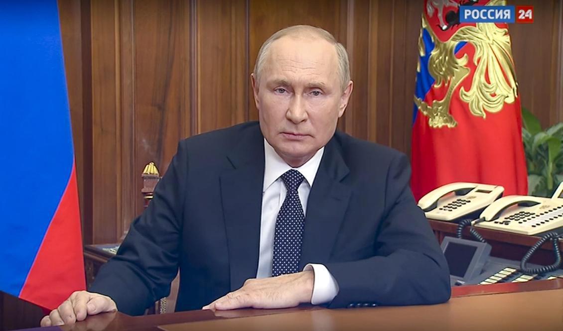 

En skärmdump från Vladimir Putins tal till nationen, som sändes på onsdagsmorgonen. Foto: Rysslands presidentkansli via AP/TT                                                                                        