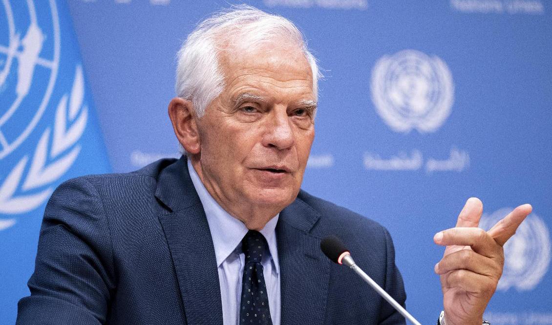 EU:s utrikeschef Josep Borrell håller presskonferens efter EU-ländernas utrikesministermöte i New York. Foto: Julia Nikhinson/AP/TT