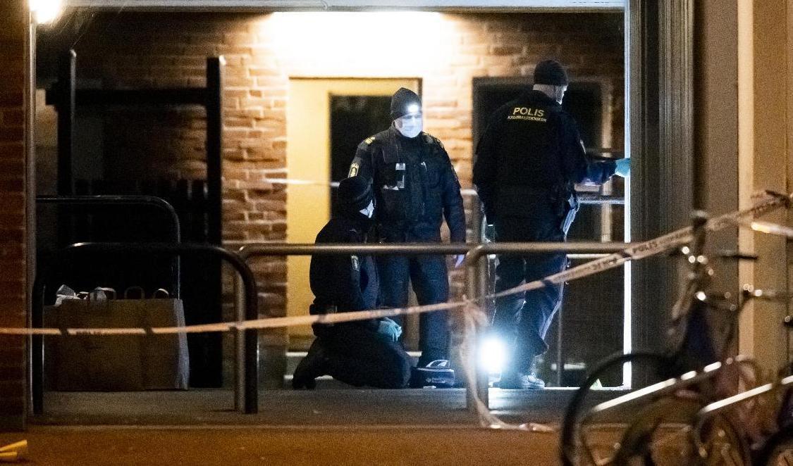 Polisen på plats vid brottsplatsen under natten mot fredagen. Foto: Johan Nilsson/TT