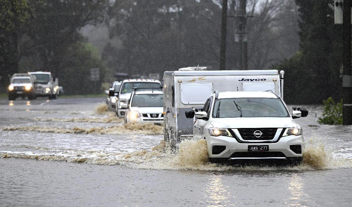På flera håll bedöms det vara för farligt att försöka lämna översvämmade områden. Foto: James Ross/AAP/AP/TT