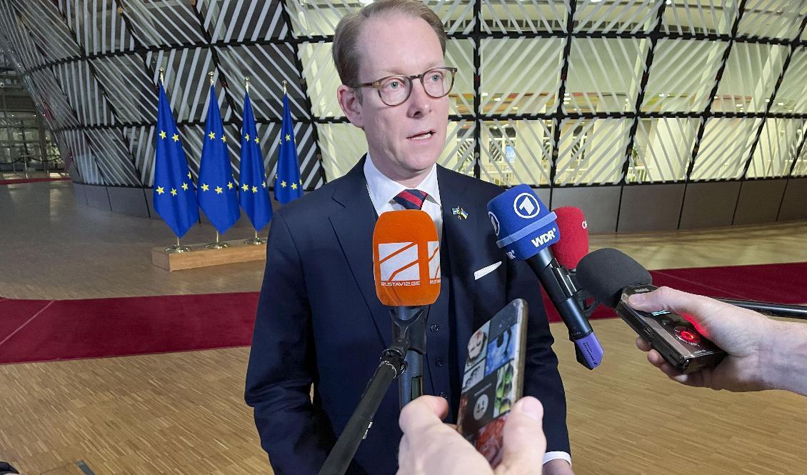 Sveriges utrikesminister Tobias Billström (M) på väg in till måndagens EU-möte i Bryssel. Foto: Wiktor Nummelin/TT