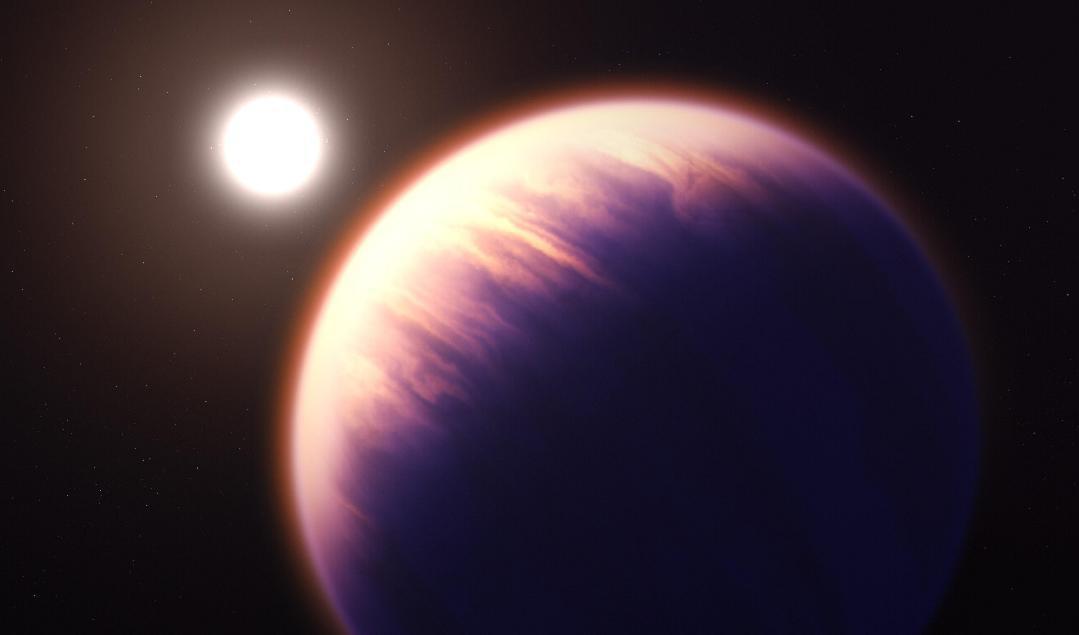 Illustration över exoplaneten Wasp-39b utifrån de data som samlats in via James Webb-teleskopet. Planeten är en het gasjätte nästan lika stor som Saturnus. Foto: Nasa, Esa, CSA, J Olmsted (STScI)/TT