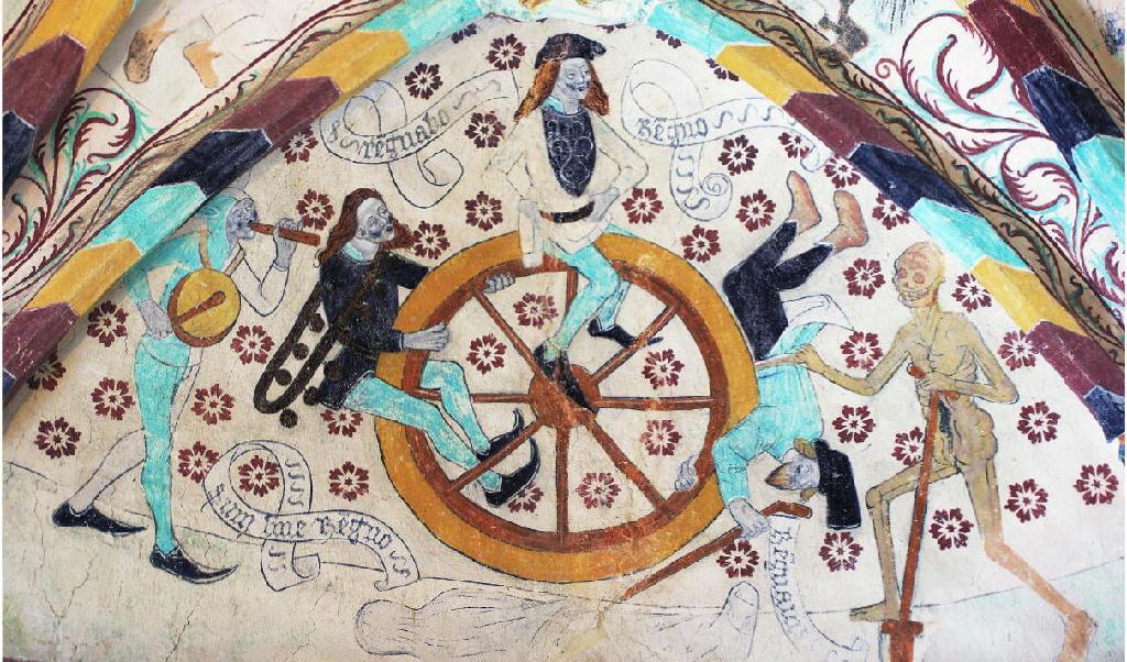 En del av oss finner glädje i gamla kyrkmålningar. Här ses livets hjul i Härkeberga kyrka, målad i slutet av 1400-talet. Foto Emil Almberg