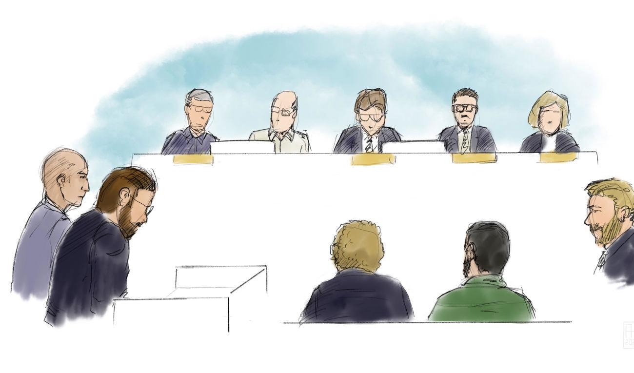 Teckning från rättegången mot bröderna i Stockholms tingsrätt. Foto: Anders Humlebo/TT
