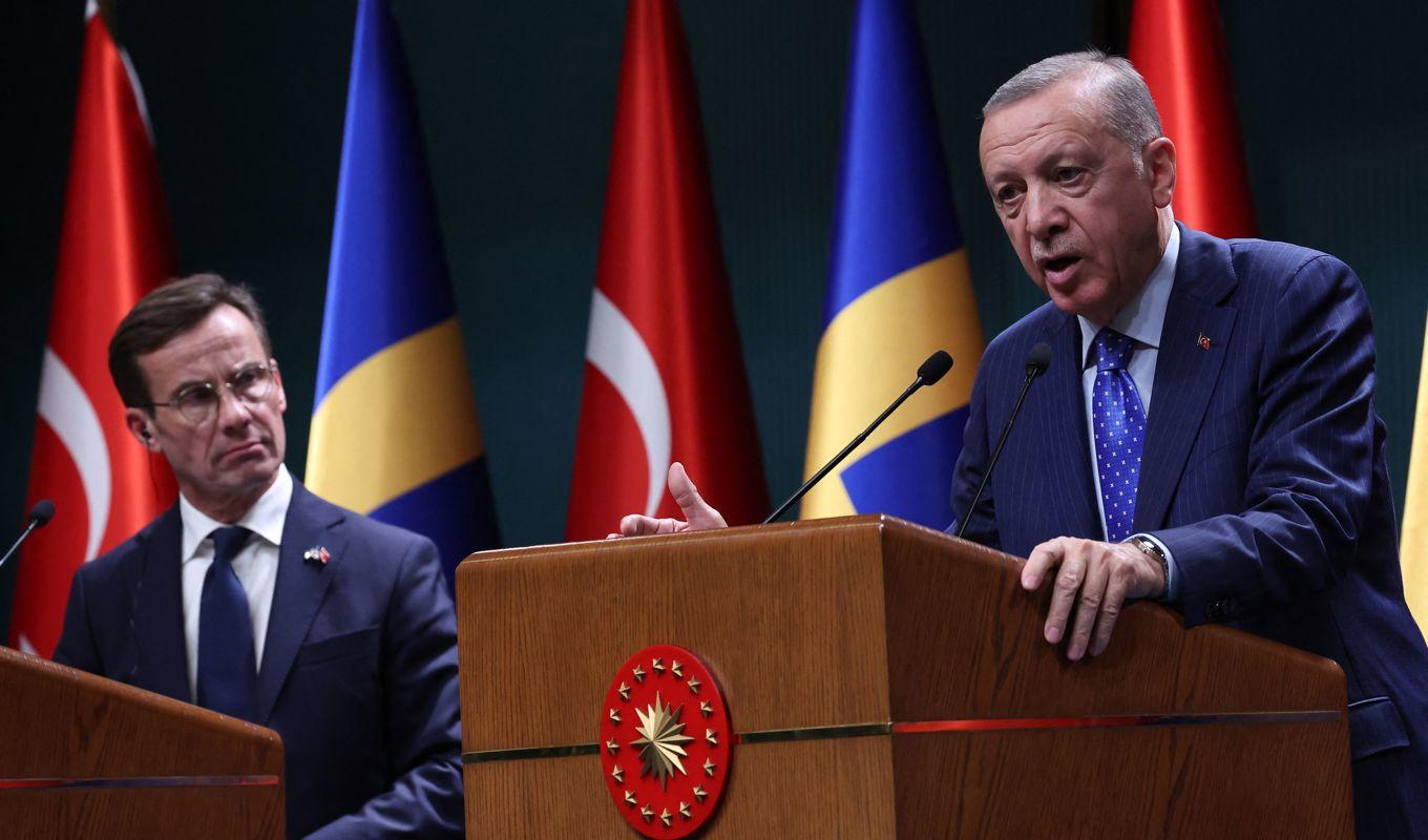 Turkiets president Recep Tayyip Erdogan och Sveriges statsminister Ulf Kristersson (M) håller en presskonferens i Ankara i Turkiet den 8 november 2022. Foto: Adem Altan/AFP via Getty Images