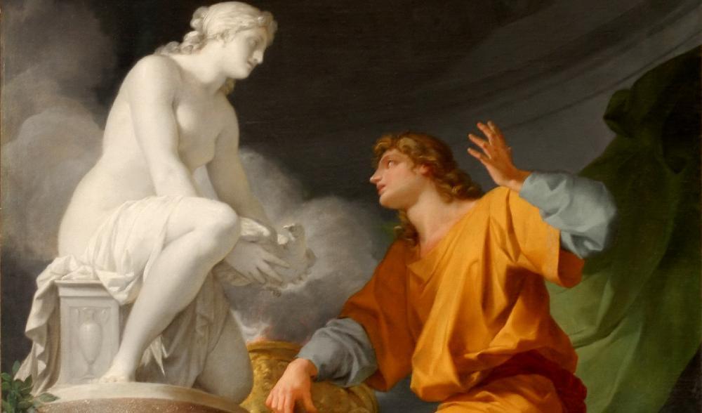 Pygmalion ber vid Venus altare om en kvinna som är som hans skulptur. ”Pygmalion ber Venus att ge sin staty liv”, 1786, av Jean-Baptiste Regnault. Slottet i Versailles, Frankrike. Foto: Public Domain