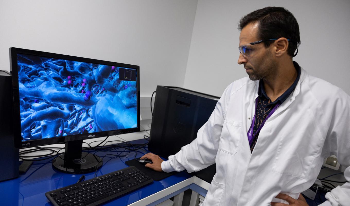En forskare tittar på en 3D-bild av kärlsystemet i en cancertumör, i det franska läkemedelsföretaget Sanofis laboratorium nära Paris. Foto: Thomas samson/AFP via Getty Images