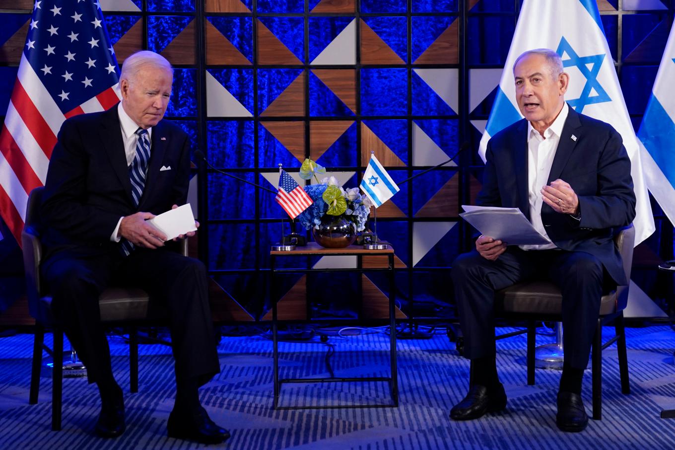 Arkivbild från ett möte mellan president Joe Biden och premiärminister Benjamin Netanyahu i Tel Aviv i oktober i fjol. Foto: Evan Vucci/AP/TT