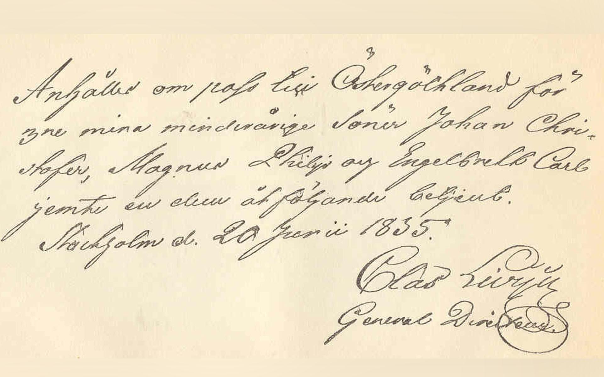 Faksimil från 1835 skriven av Clas Livijn. En förtjusande handstil. Foto: Public Domain