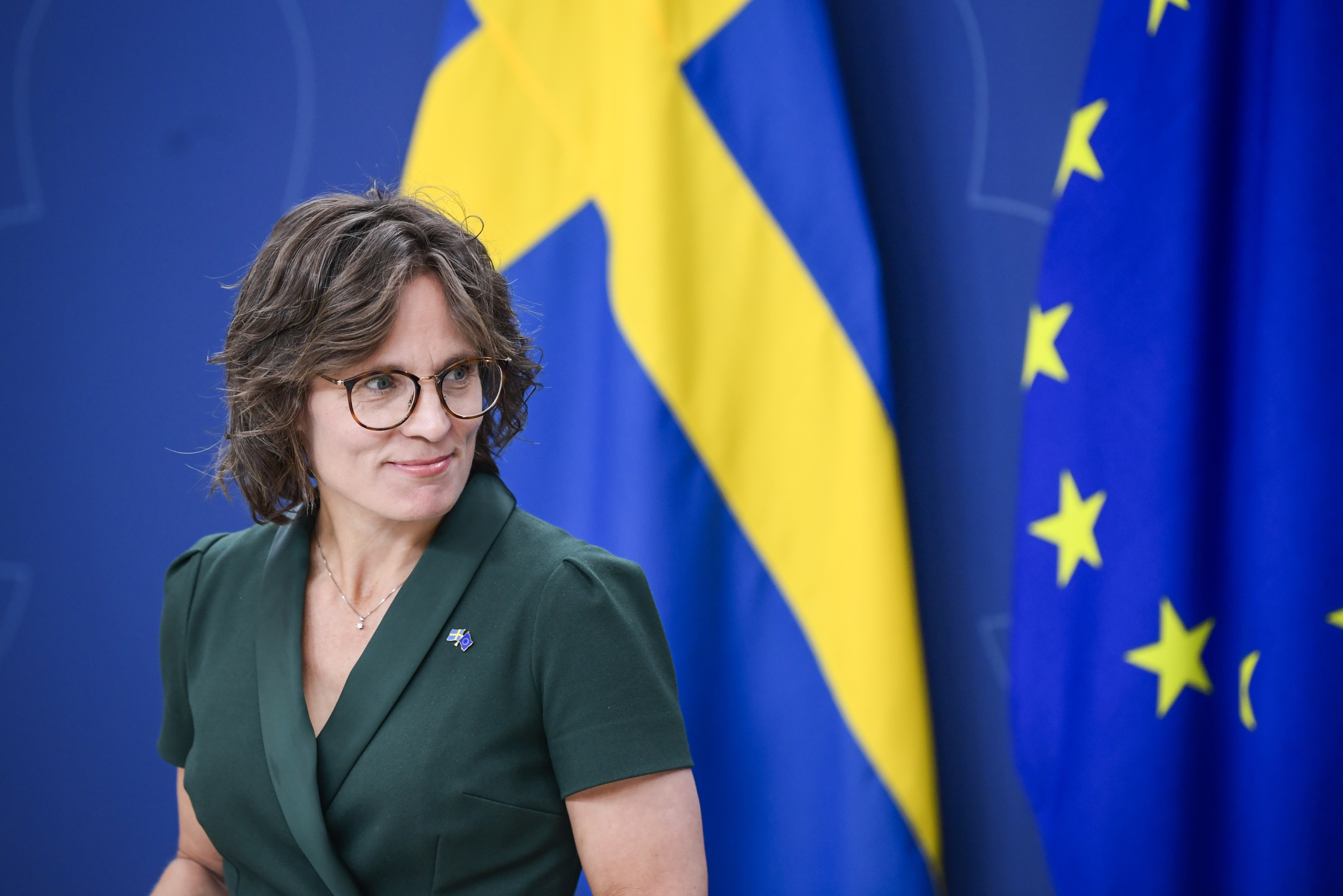 Jessika Roswall föreslås som Sveriges nominering till ny EU-kommissionär under en pressträff med statsministern. Foto: Mikaela Landeström/TT