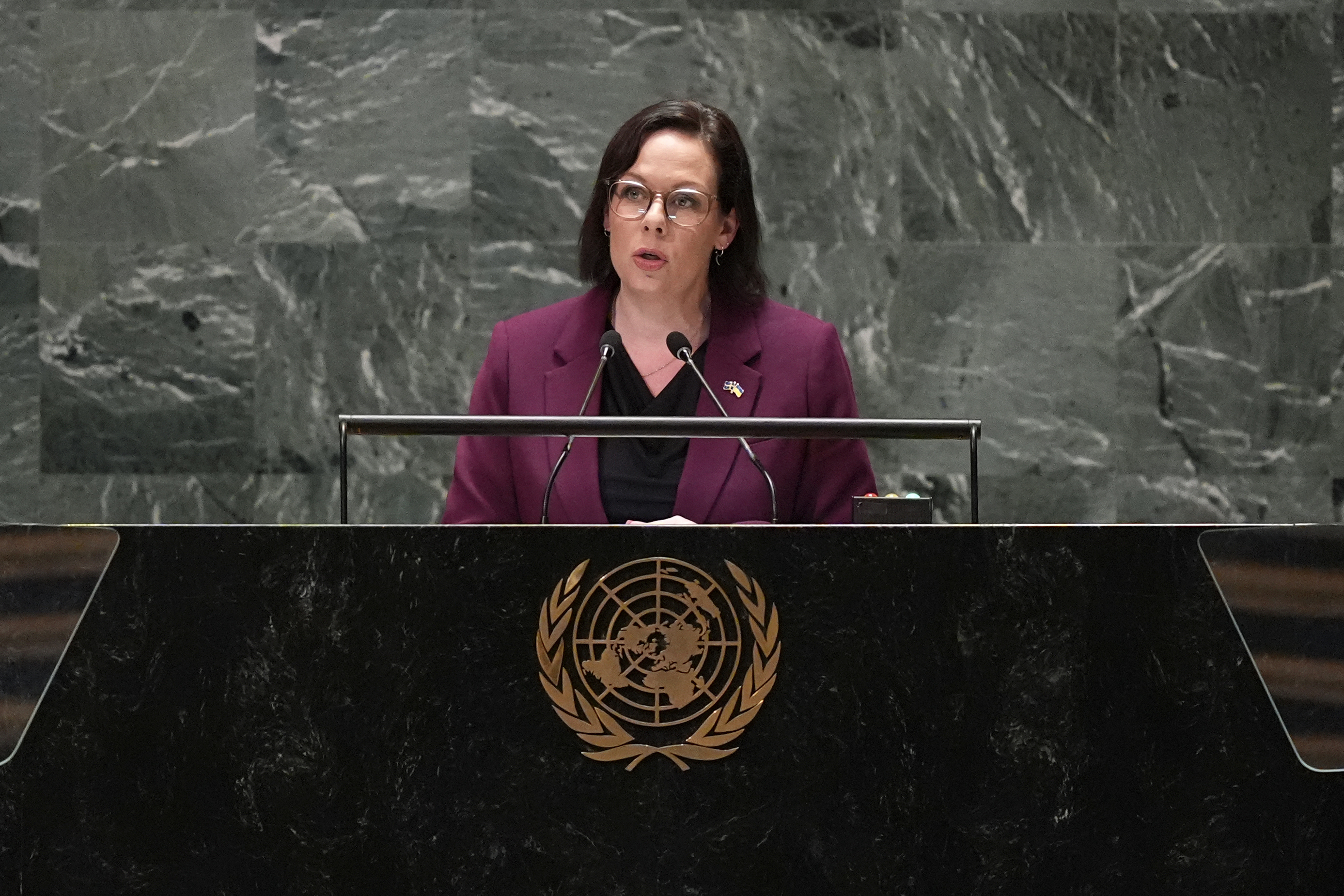 Maria Malmer Stenergard under hennes anförande i FN:s generalförsamling. Foto: Pamela Smith/AP/TT