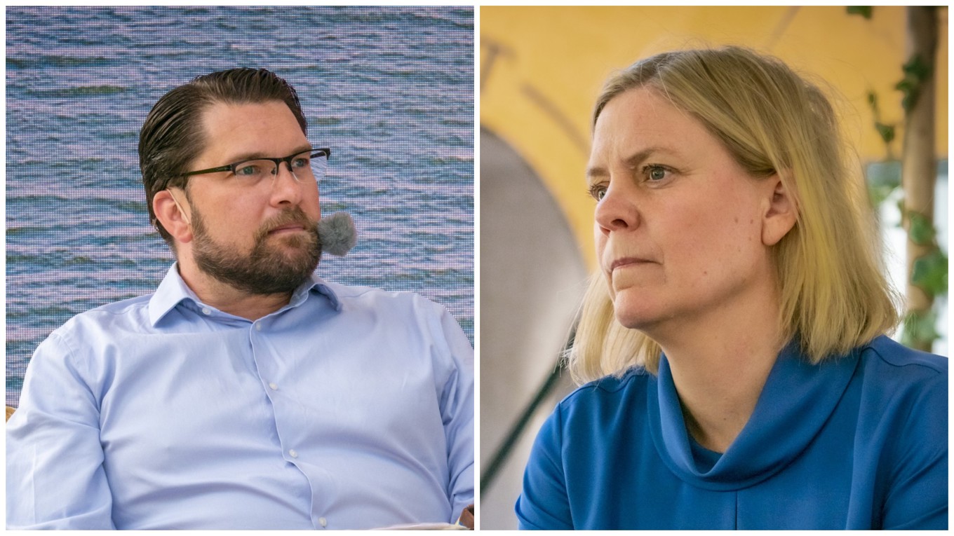 Sverigedemokraternas Jimmie Åkesson och Socialdemokraternas Magdalena Andersson. Foto: Bilbo Lantto