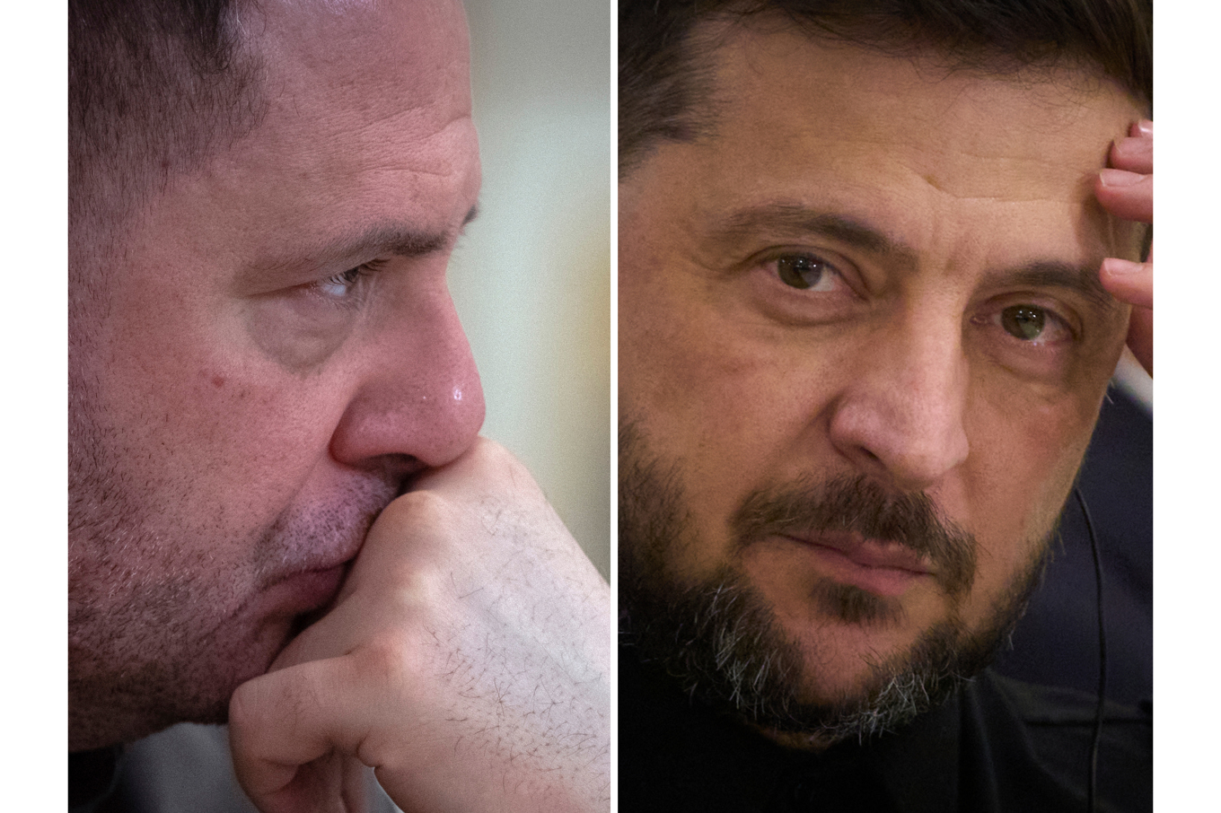 Andrij Jermak och Volodymyr Zelenskyj. Bilderna är från december förra året respektive oktober i år. Foto: Efrem Lukatsky/AP/TT