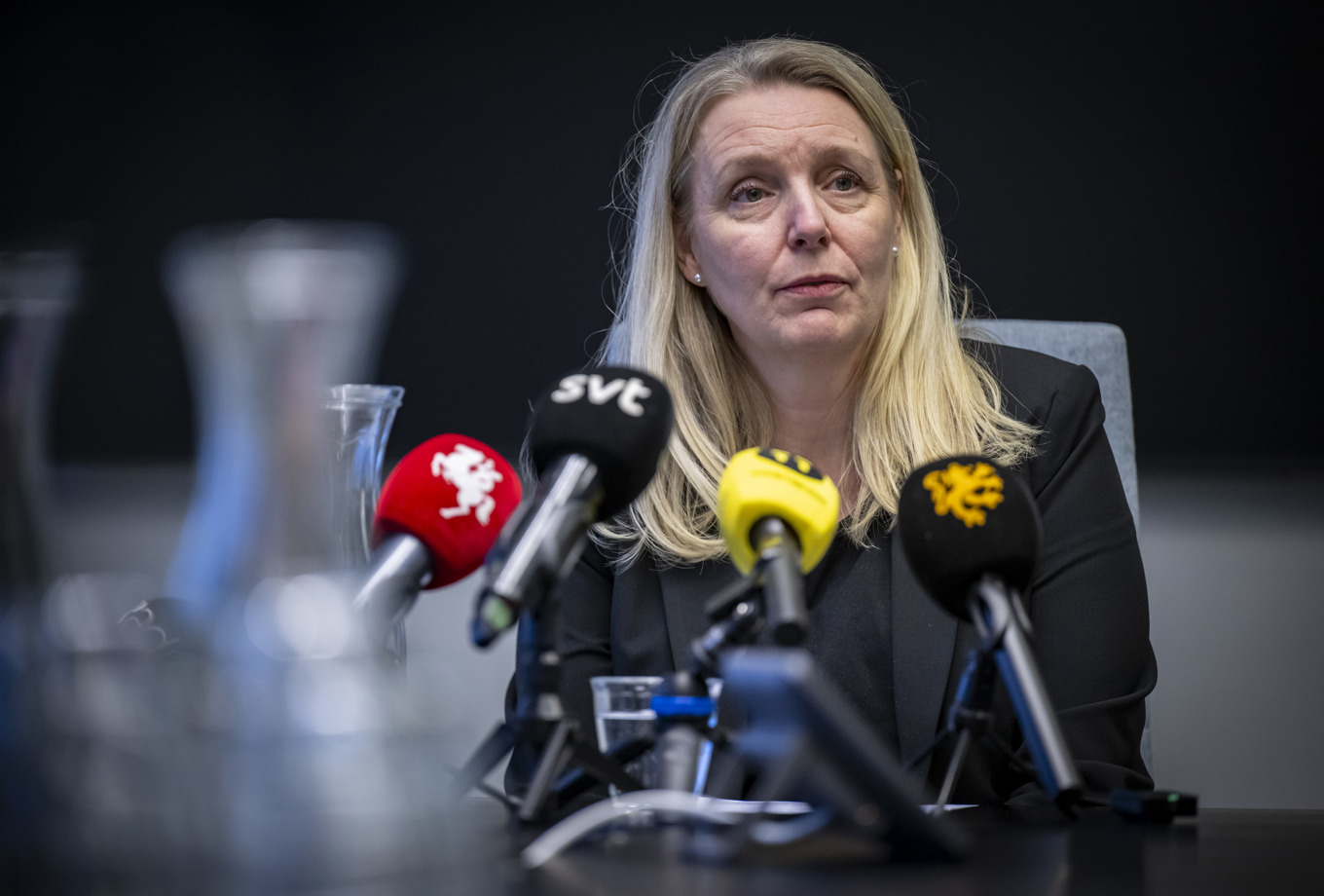 Kommundirektör Linda Strand vid kommunens presskonferens i kommunhuset i Hörby på fredagen. Foto: Johan Nilsson / TT