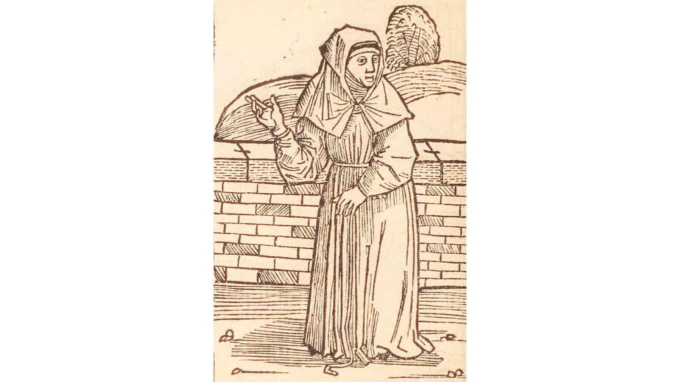 Tyskt tryck från 1489 av Matthäus Brandis, föreställande vad som ska vara en tysk begin. Det finns likheter mellan hennes klädedräkt och den en nunna bar. Foto: Wikimedia Commons