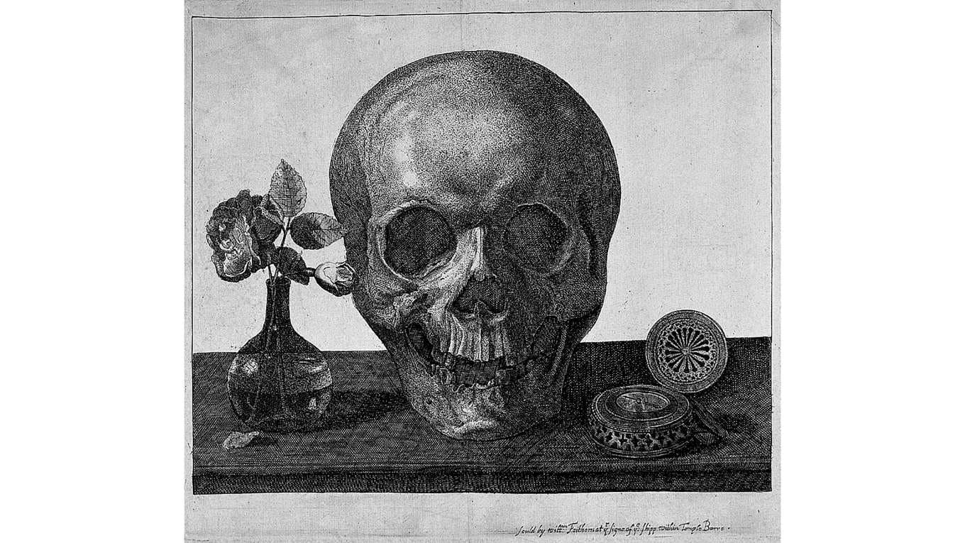 Dödskalle med blommor och timvisare, etsning av William Faithorne (1600-tal). Foto: Wellcome Collection