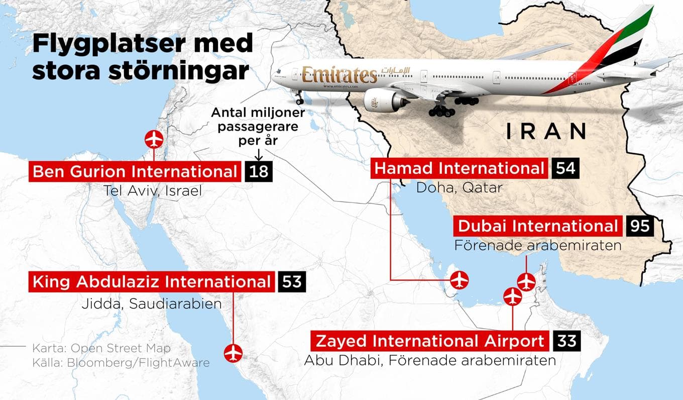 Flera stora flygplatser i Mellanöstern upplever stora störningar på grund av konflikten mellan USA/Israel och Iran. Foto: Anders Humlebo/TT