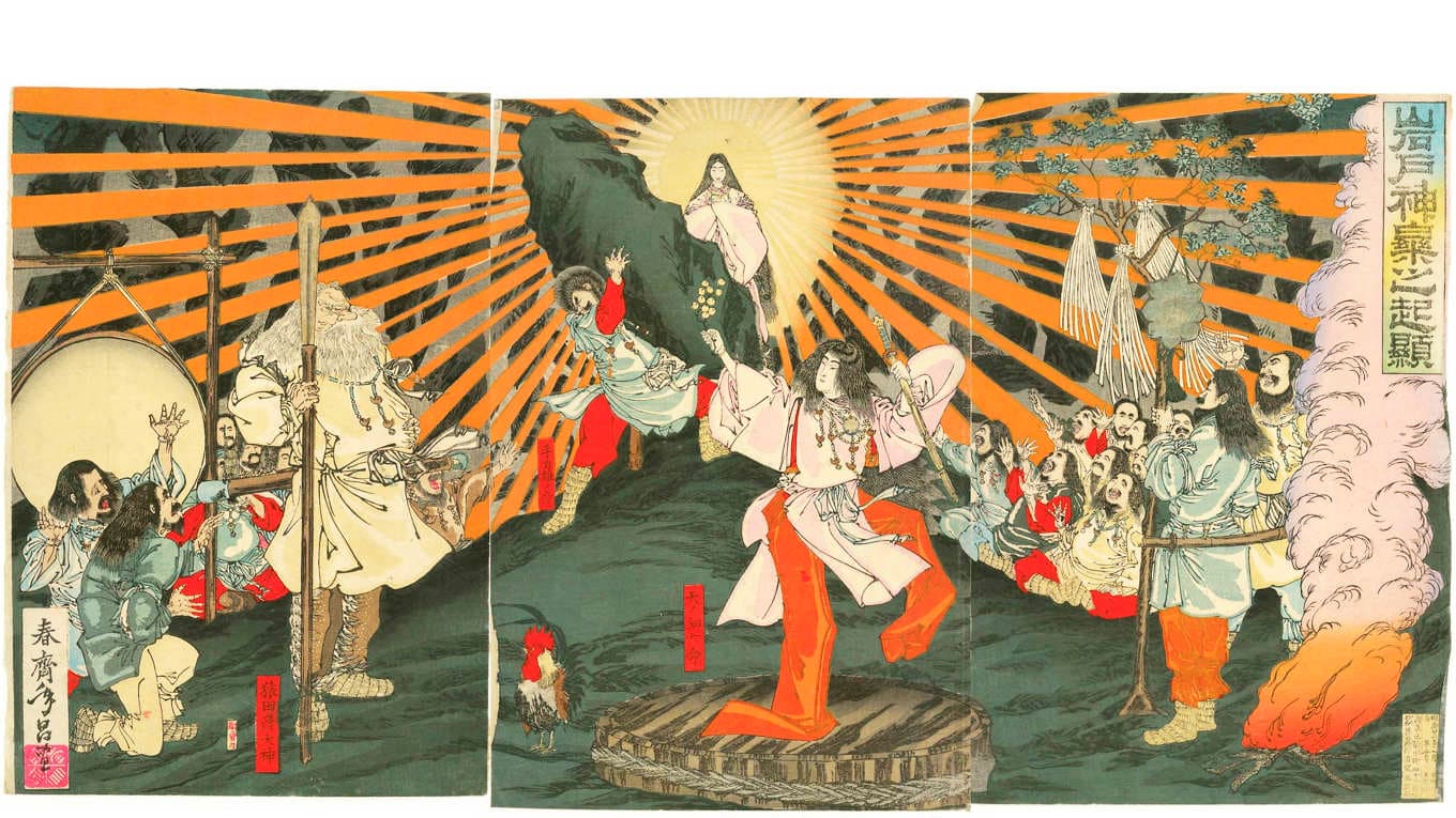 Amaterasu kommer ut ur grottan efter Uzumes dans. Shunsai Toshimasa,1889. Foto: Wikimedia Commons