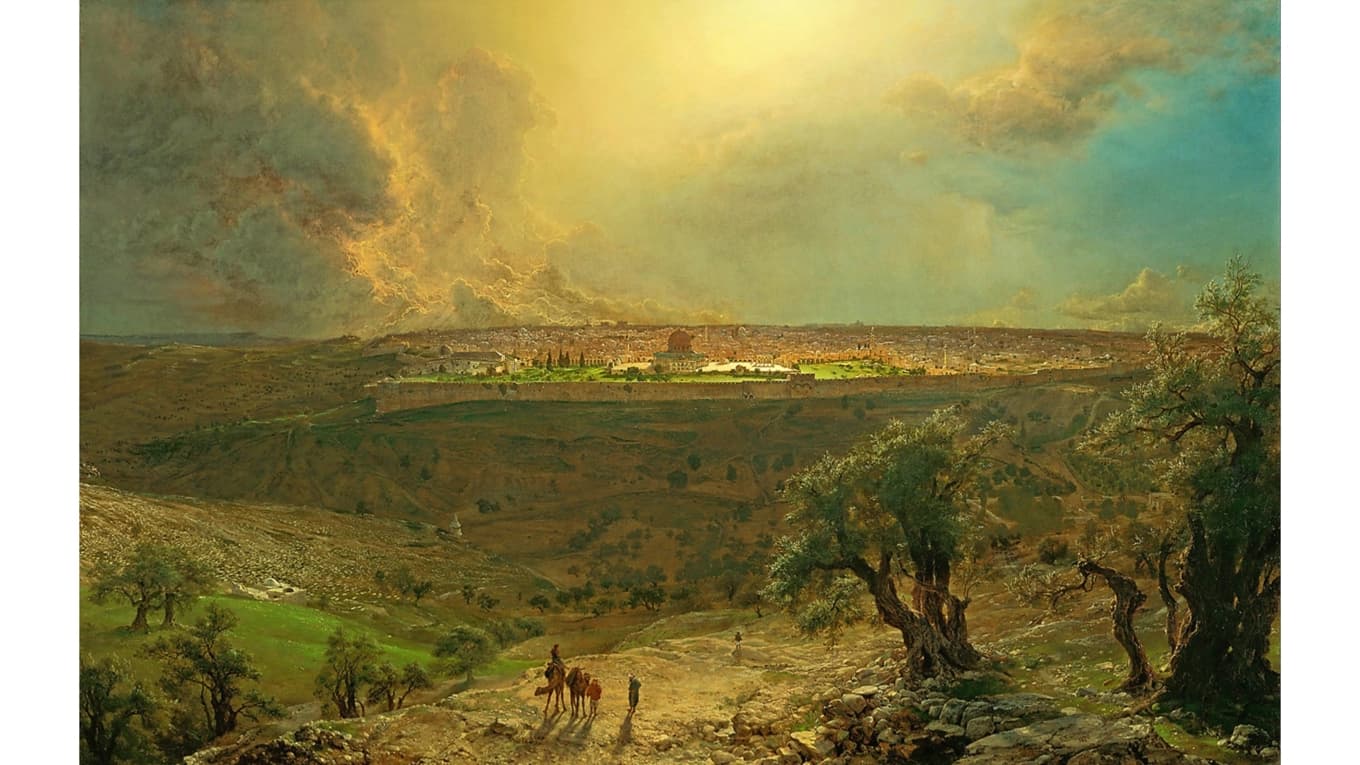 Jerusalem år 1870, då kristna och muslimska araber var i stor majoritet i staden. Målning av Frederic Edwin Church (1826–1900). Foto: The Nelson-Atkins Museum of Art/Wikimedia Commons