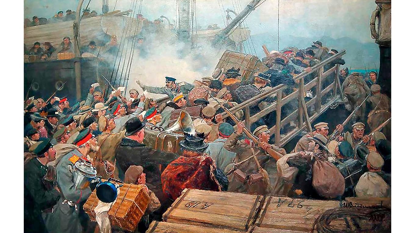 Flykten från Novorossiysk, en hamnstad vid Svarta havet, av Ivan Vladimirov, 1920. Foto: Wikimedia Commons