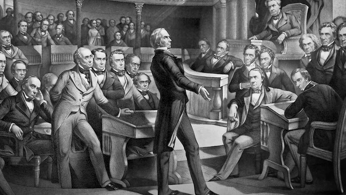 Den amerikanska senaten skapades som ett ”delstaternas hus” och dess ledamöter gavs flera speciella maktbefogenheter, varav en är rätten att filibustra – att prata i all evighet – för att stoppa olika lagförslag. Foto: Gravyr av ”The United States Senate, A.D. 1850” av Peter F. Rothermel