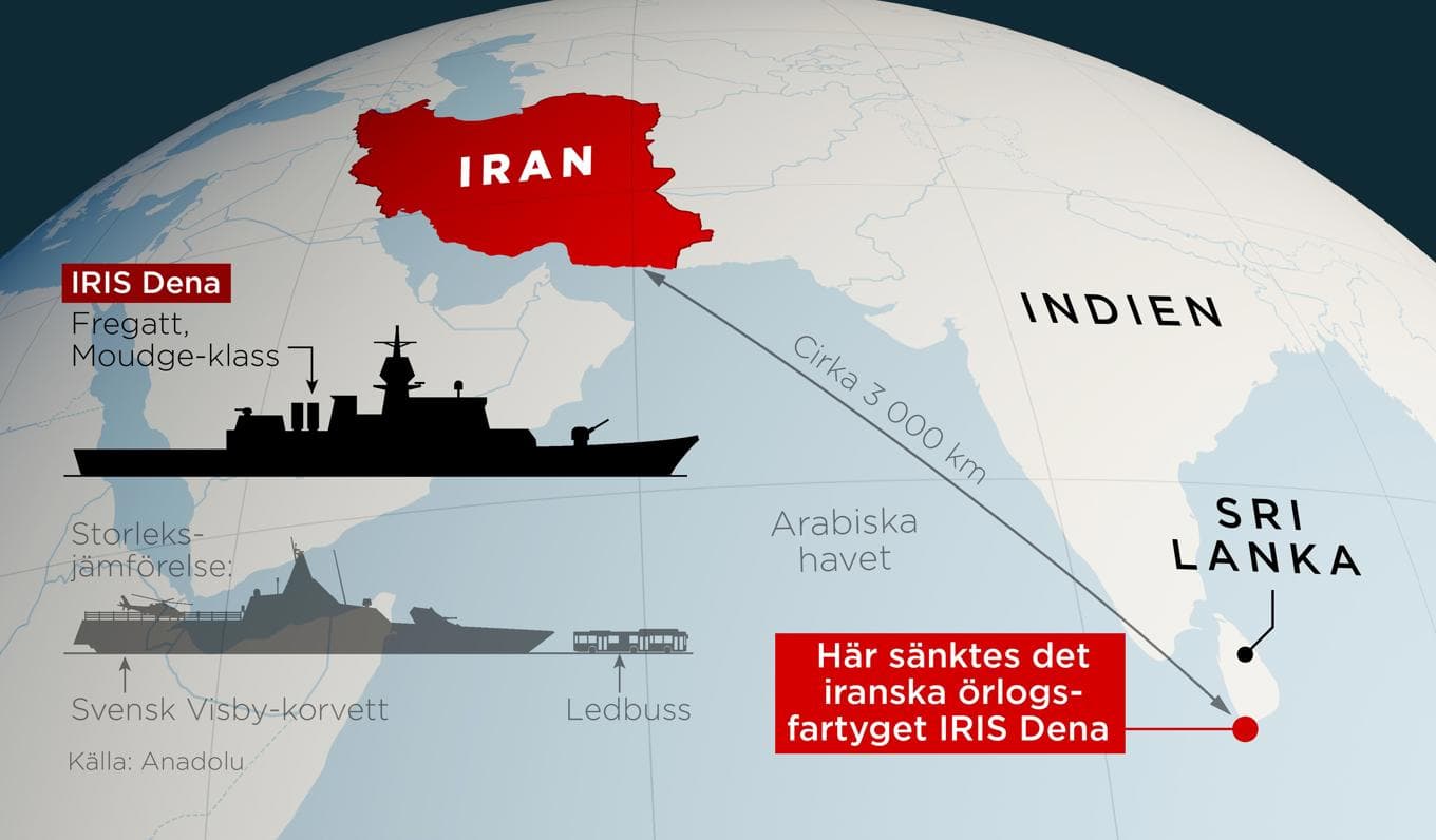 Det iranska örlogsfartyget IRIS Dena har sänkts söder om Sri Lanka, cirka 3 000 km från Iran. Foto: Anders Humlebo/TT
