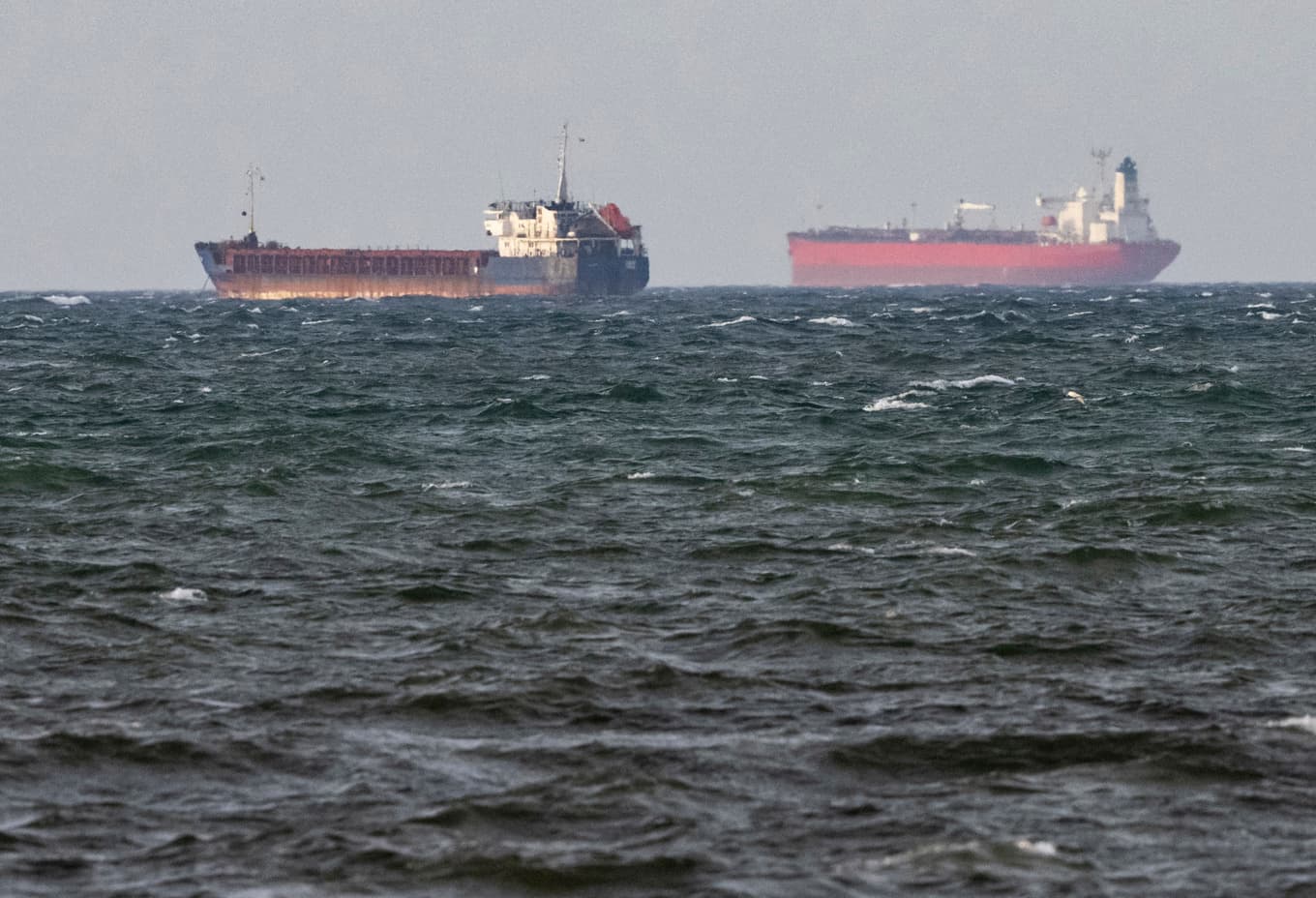 De båda bordade fartygen Caffa och Sea Owl I ankrade sida vid sida utanför Trelleborg på fredagen. Foto: Johan Nilsson/TT