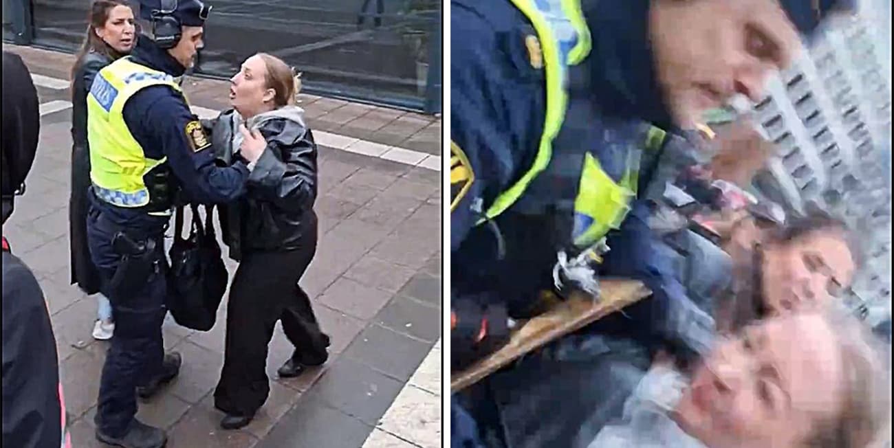 Här ser vi hur Vänsterpartiets pressekreterare förs bort av polisen. Foto: Christian Peterson/Privat