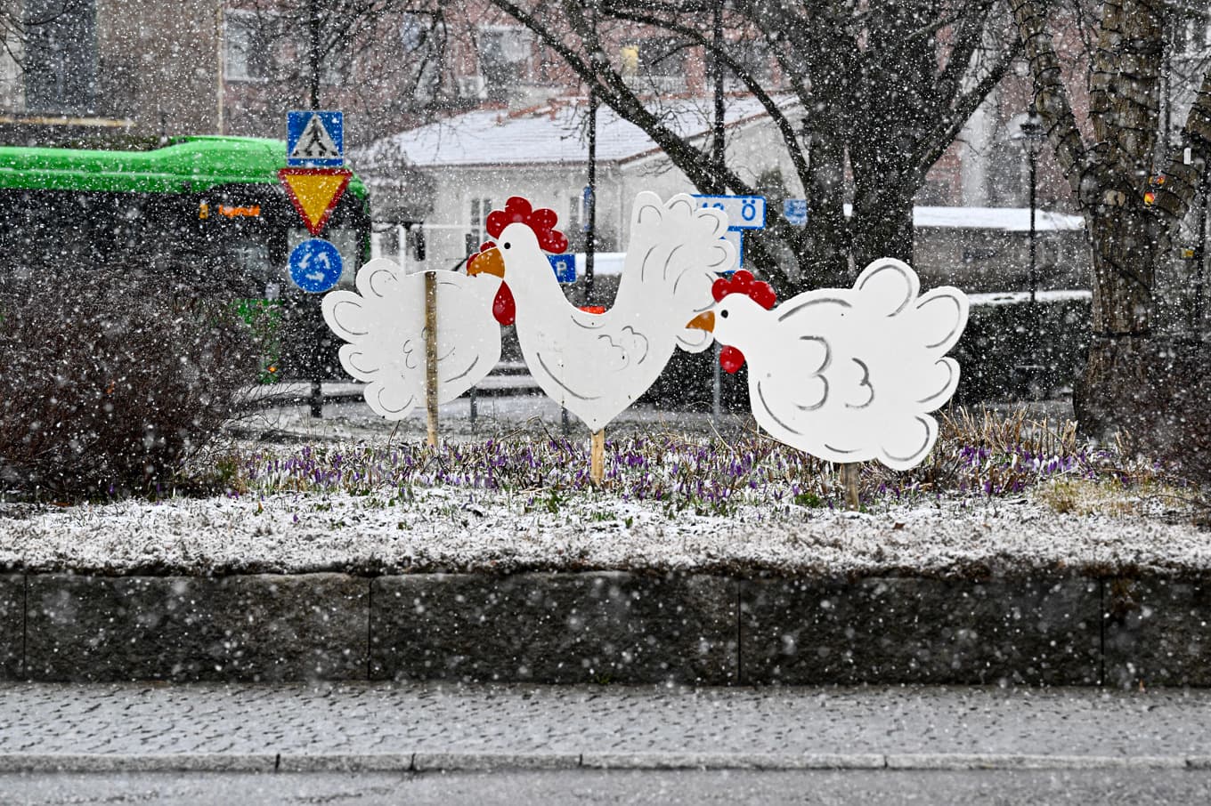 Långfredagen inleddes med snö i centrala Enköping. Snart följer även lågtrycket Dave. Foto: Fredrik Sandberg/TT
