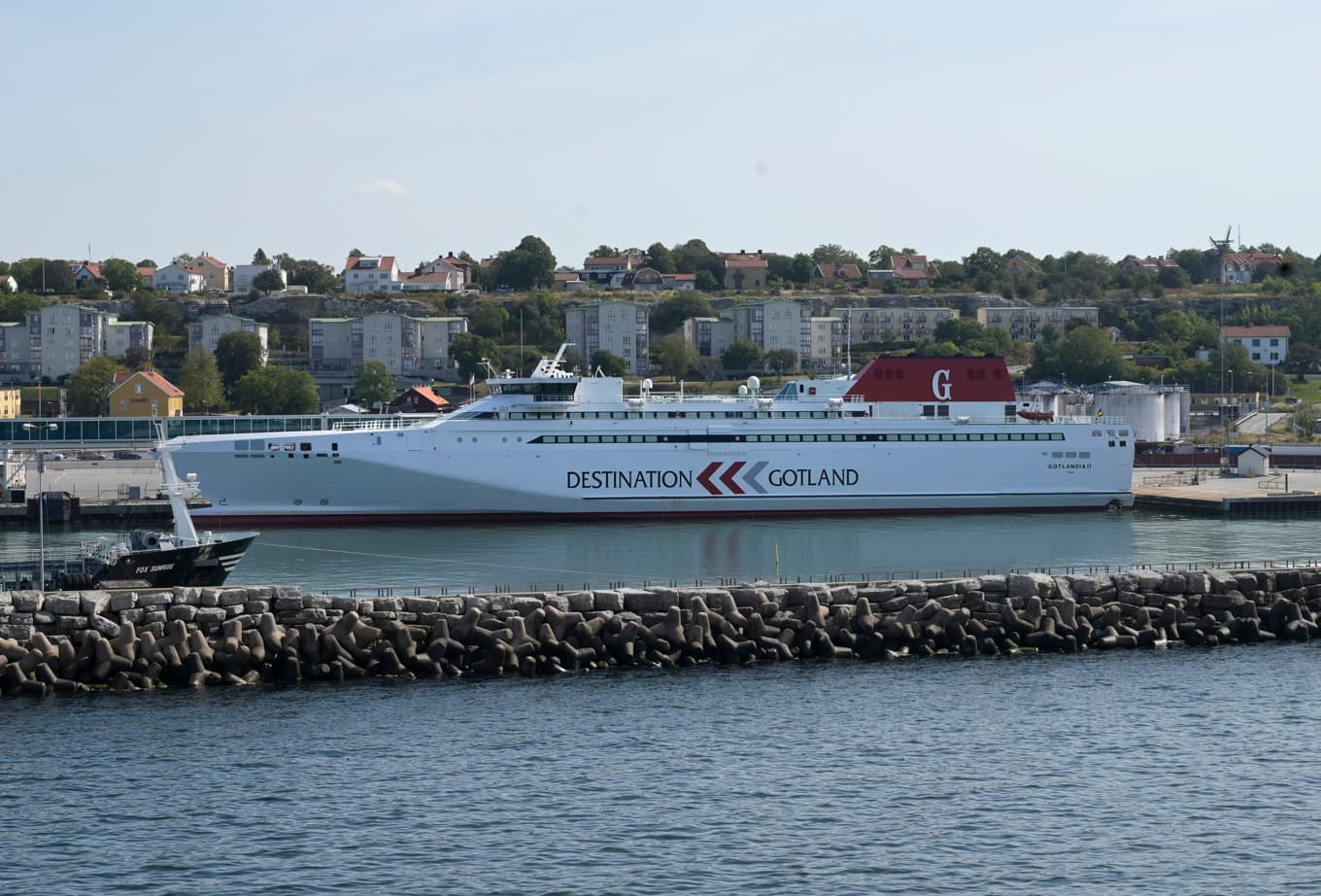 En Gotlandsfärja på väg från Visby fick vända utanför destinationen Oskarshamn på grund av för hård vind. Arkivbild. Foto: Fredrik Sandberg/TT