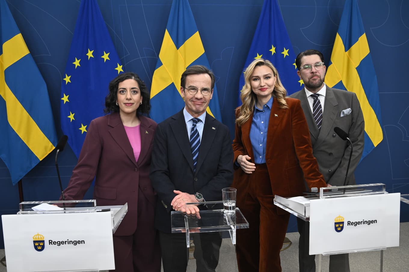 Partiledarna Simona Mohamsson (L), Ulf Kristersson (M), Ebba Busch (KD) och Jimmie Åkesson (SD) vid en pressträff i mars. Foto: Fredrik Sandberg/TT