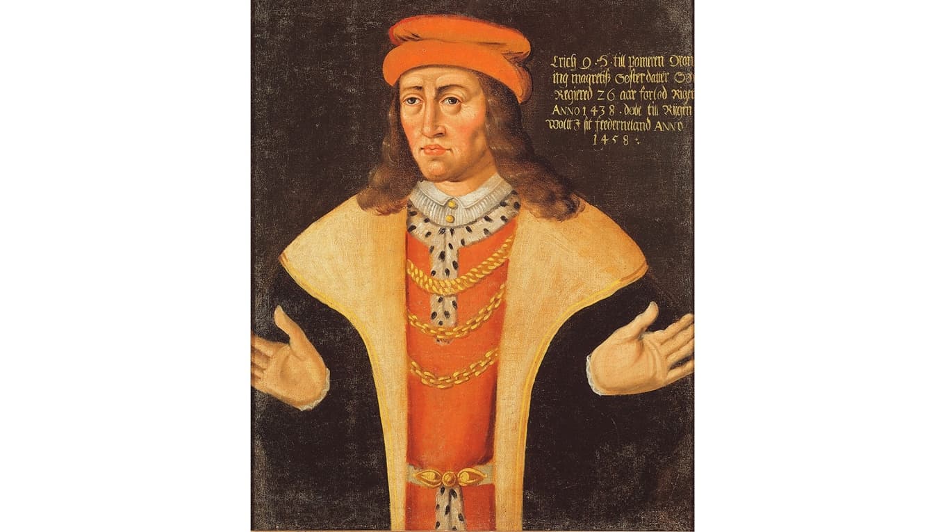 Porträtt av Erik av Pommern på Gripsholms slott, utfört av en okänd konstnär. Erik ska ha varit blond, och de mörka färgerna ses ibland som en tolkning av hans tid på tronen. Foto: Nationalmuseum/Wikimedia Commons