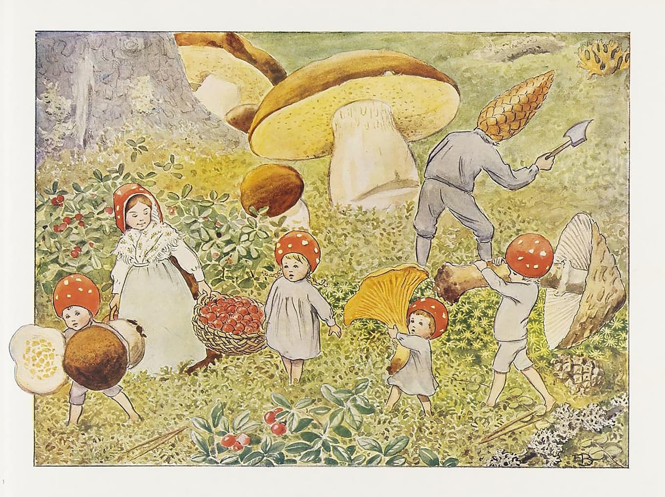 ”Tomtebobarnen” (1910). En familj bor under en tallrot, och årstidernas växlingar speglas i djur- och växtlivet. Foto: Göteborgs universitetsbibliotek och Litteraturbanken.se