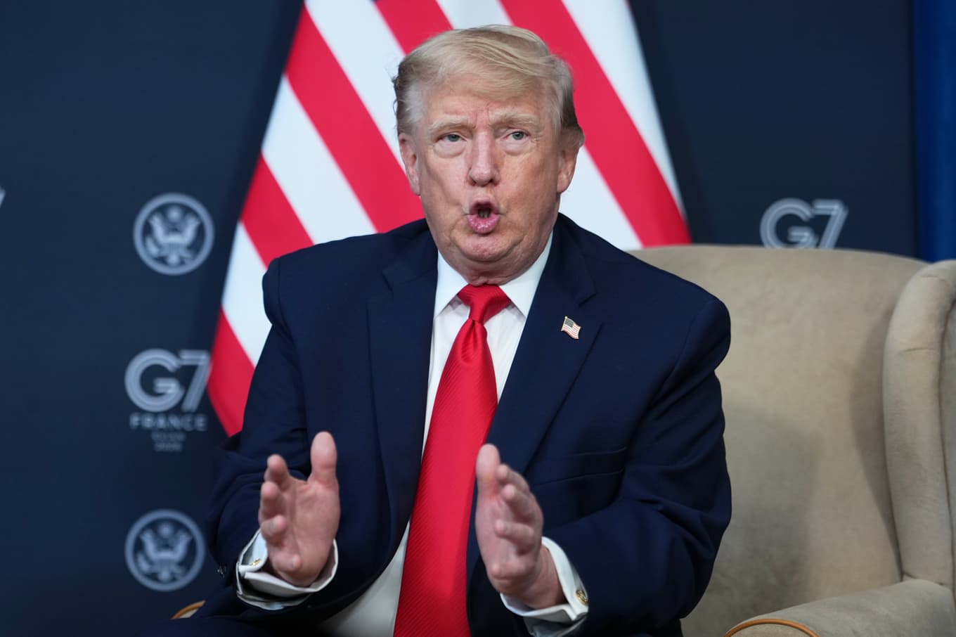 USA:s president Donald Trump vid G7-mötet i Évian-les-Bains i Frankrike. Foto: Julia Demaree Nikhinson/AP/TT