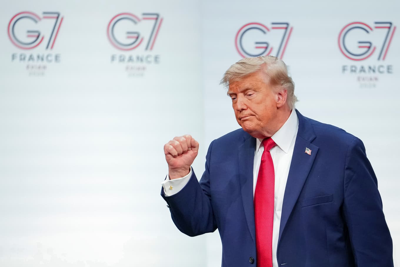 USA:s president Donald Trump, fotograferad vid avslutningen av G7-mötet i franska Evian-les-Bains på onsdagen, där en stor del av diskussionerna handlat om Iranavtalet. Foto: Vadim Ghirda/AP/TT
