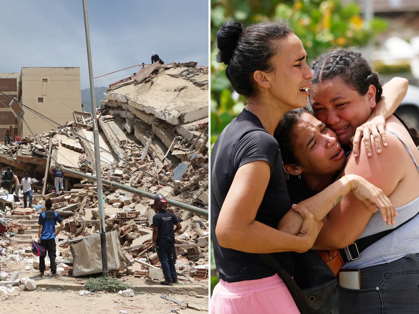 Kustregionen La Guaira har drabbats särskilt hårt av skalven i Venezuela. Till höger i bild tröstas en mamma som förlorat två barn i rasmassorna. Foto: Pedro Mattey/AP/TT