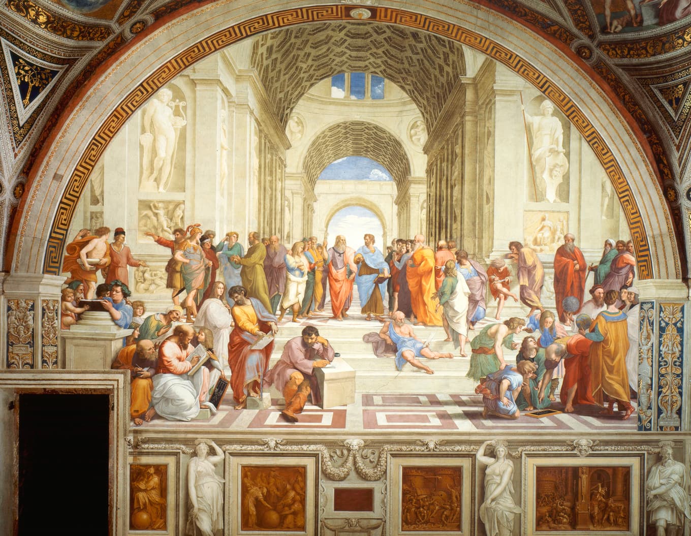 Platon var en av antikens största kritiker av demokratin. ”Skolan i Aten” (1509–1511) av Rafael, med Platon och Aristoteles
i mitten.
Foto: Wikimedia Commons