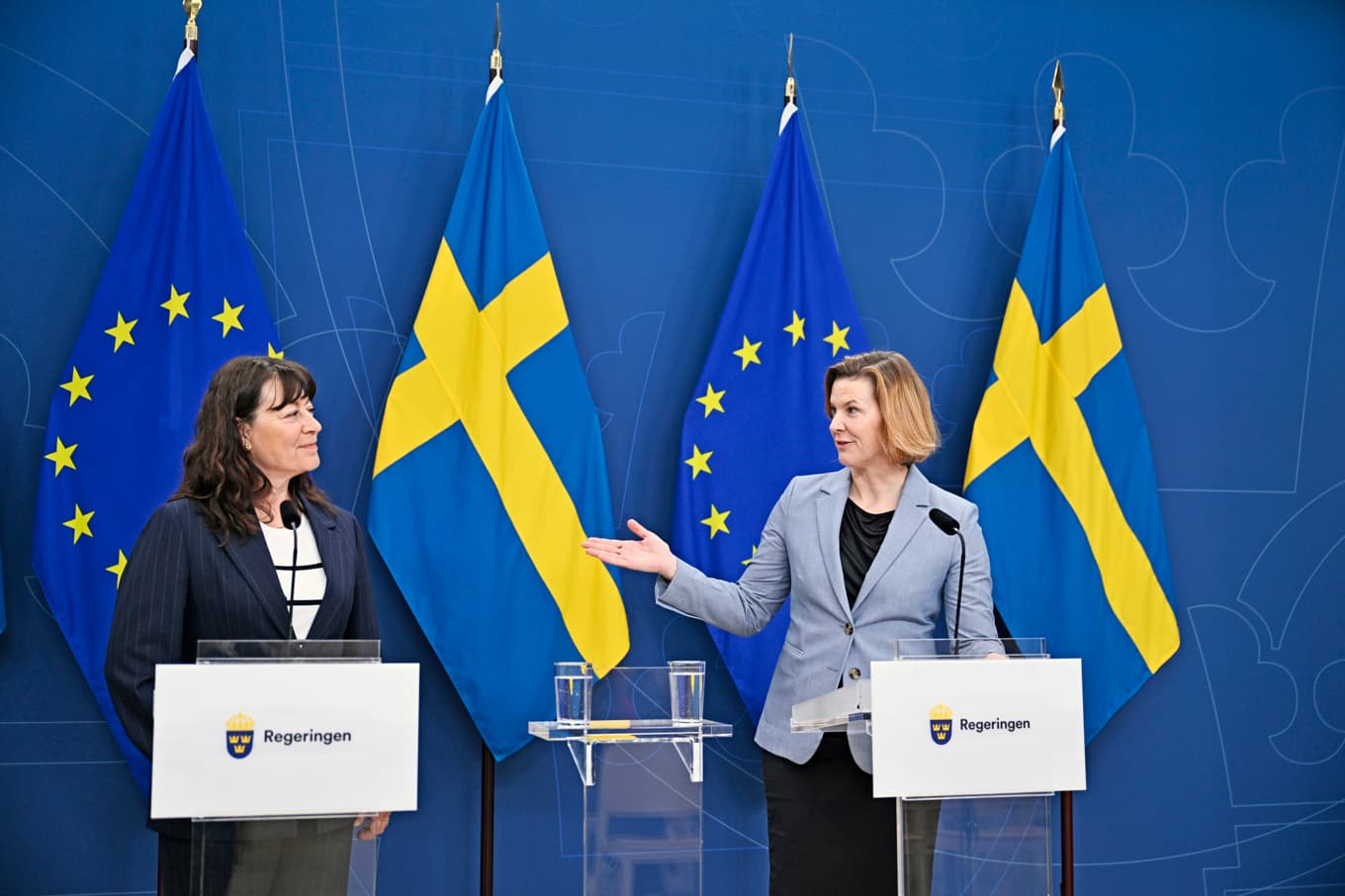 Lise Tamm, generaldirektör på Jämställdhetsmyndigheten, och jämställdhetsminister Nina Larsson (L). Foto: Björn Larsson Rosvall/TT