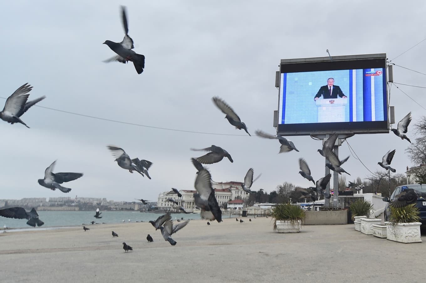 Stranden i Sevastopol i februari 2023, då Vladimir Putin höll tal till nationen och det sändes på offentliga bildskärmar. Foto: AP/TT