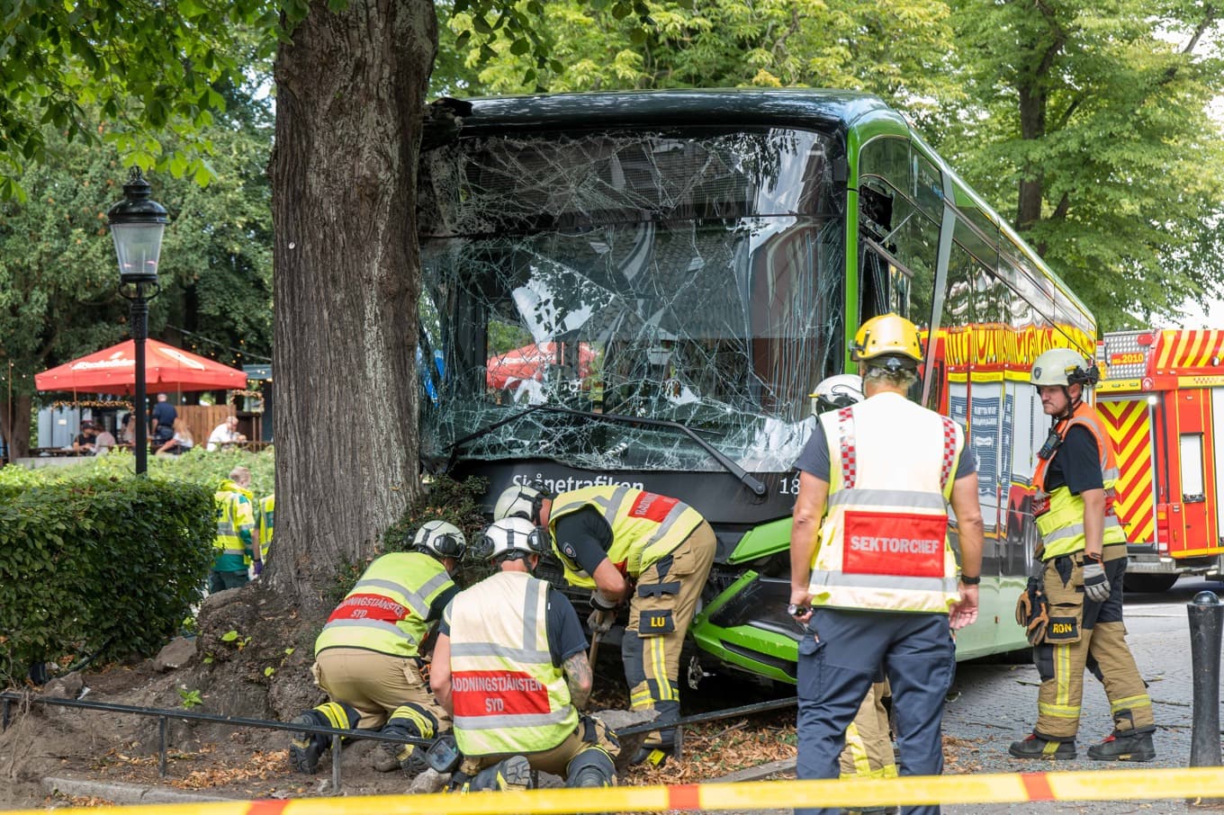 En buss krockade med ett träd i centrala Lund. Foto: Isac Lundgren/TT